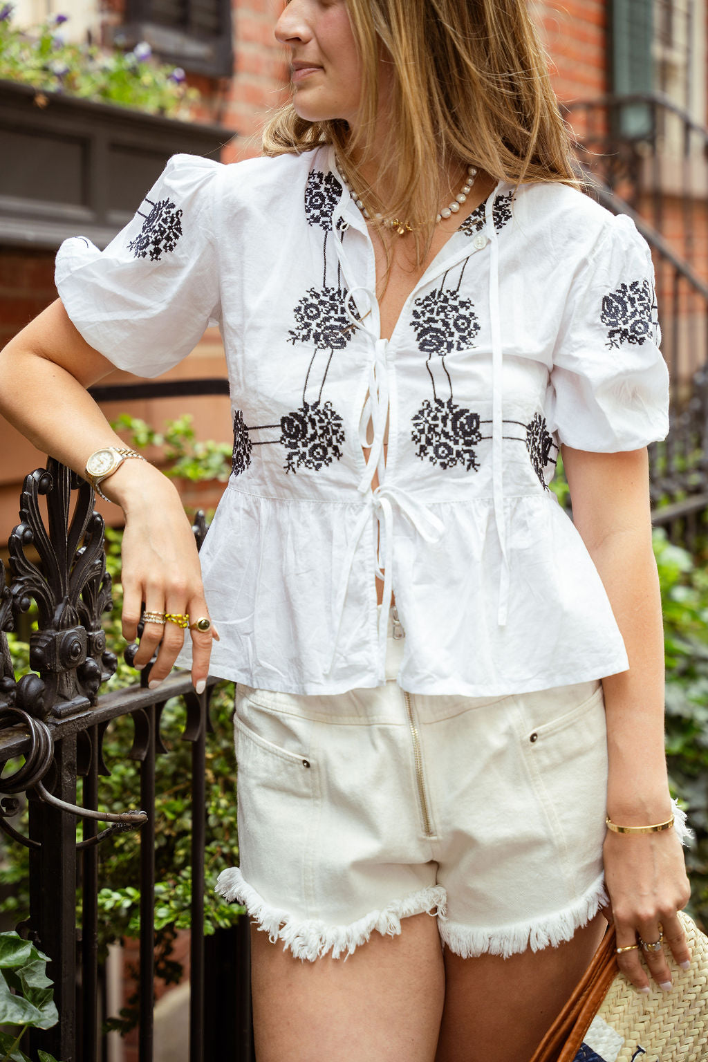White With Navy Embroidered Brooke Top
