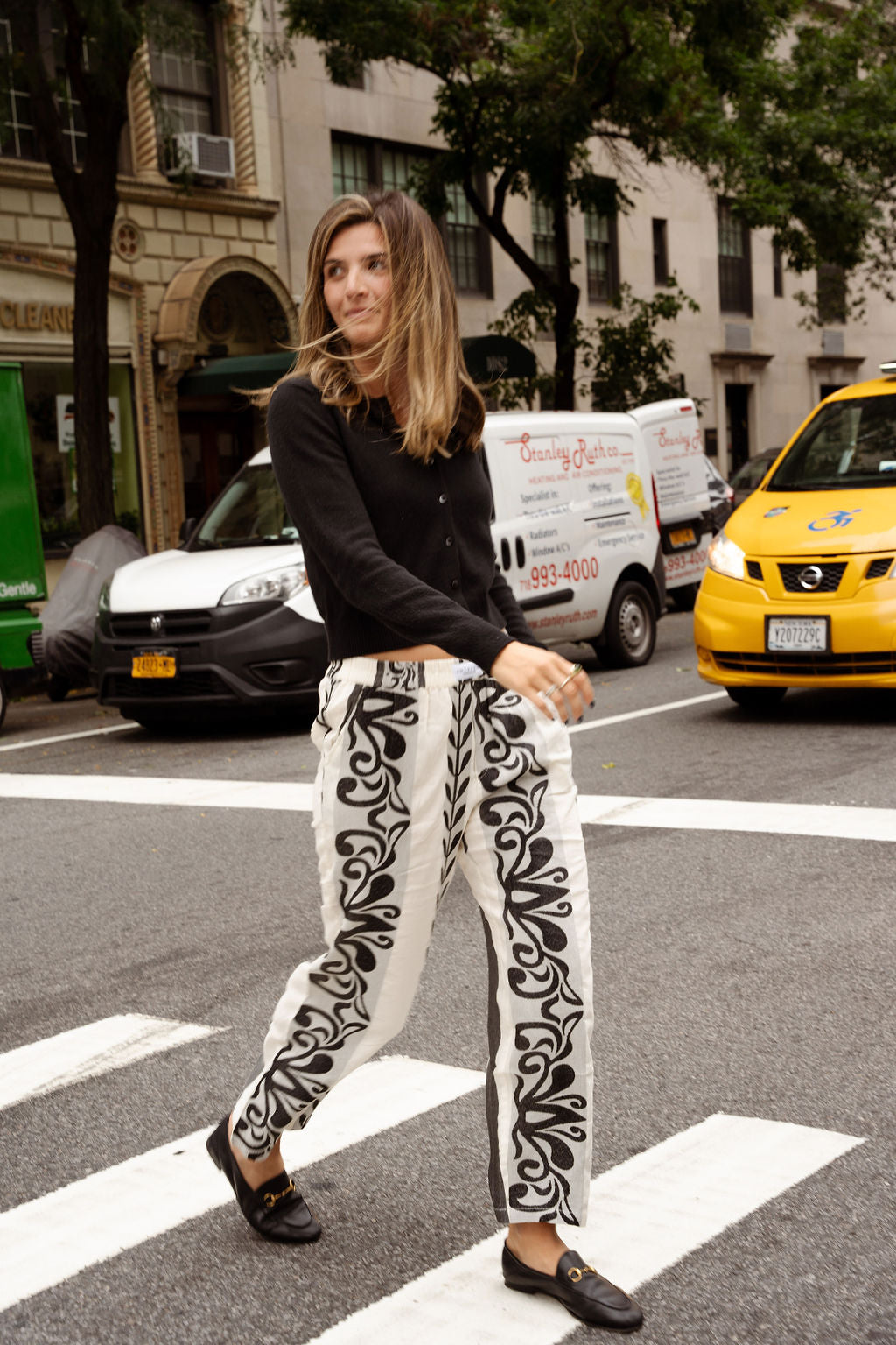 Beige Striped Pants with Black Embroidery