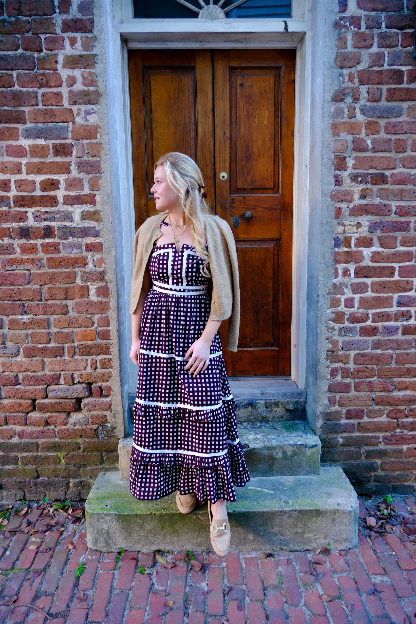 Brown Checkered Ruffle Tiered Ella Maxi