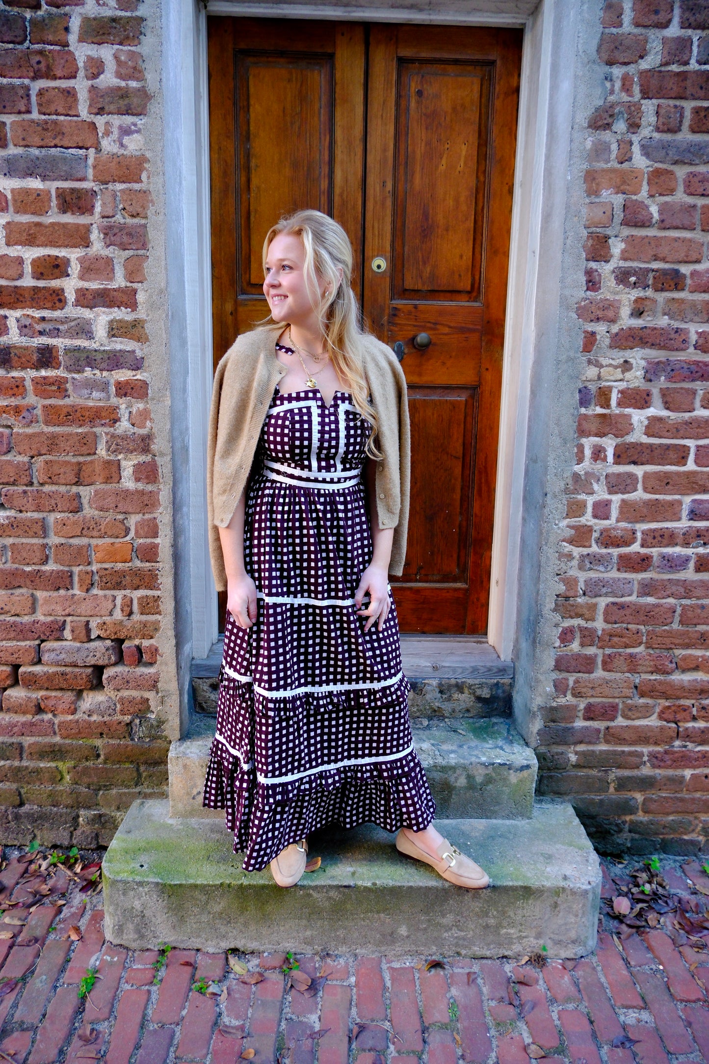 Brown Checkered Ruffle Tiered Ella Maxi