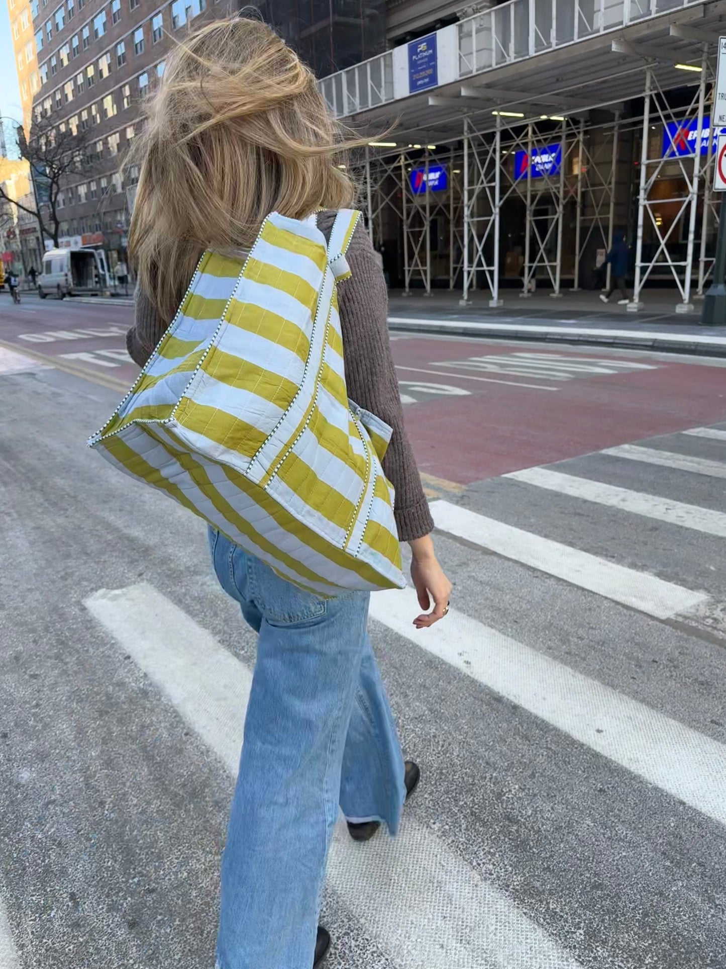 Olive & Light Blue Striped Tote Bag