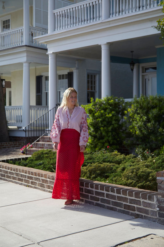 Red Seersucker Carter Top