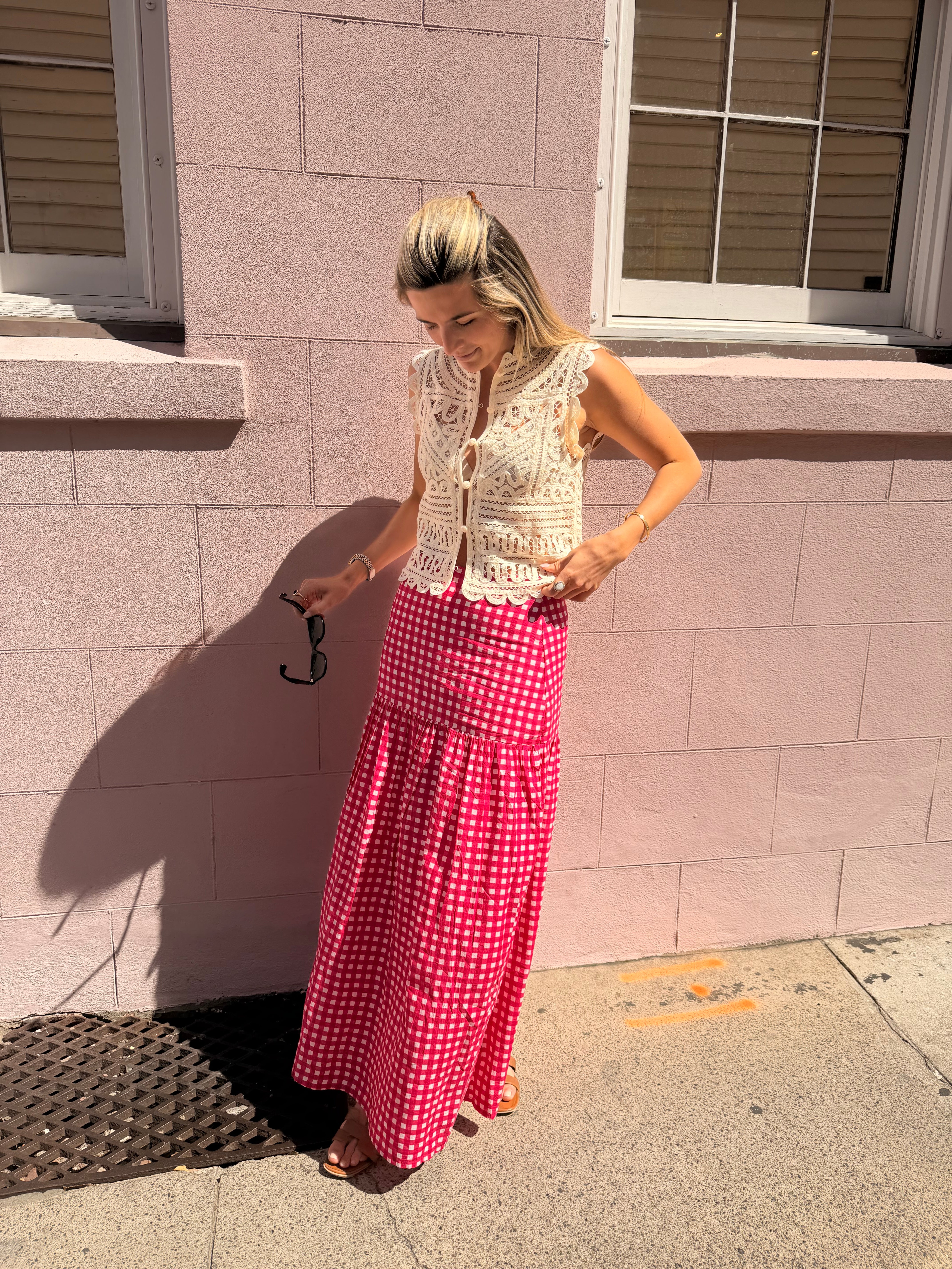 Hot Pink Checked Beatrice Maxi Skirt