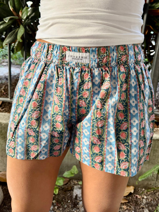 Blue and Pink Flower Stripe Shorts