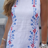 White Linen with Red and Blue Embroidery Isabella Maxi