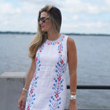 White Linen with Red and Blue Embroidery Isabella Maxi