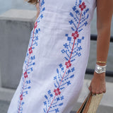 White Linen with Red and Blue Embroidery Isabella Maxi