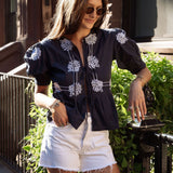 Navy With White Embroidery Brooke Top