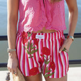 Pink and Red Water Color Striped Peony Shorts