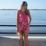 Pink and Red Water Color Striped Peony Shorts