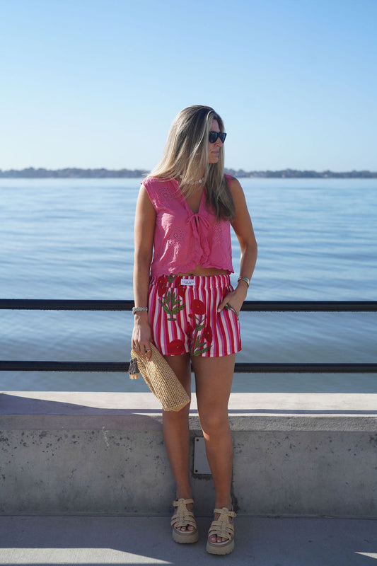 Pink and Red Water Color Striped Peony Shorts