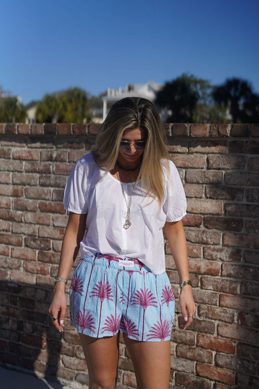 Blue and Magenta Palm Frond Shorts