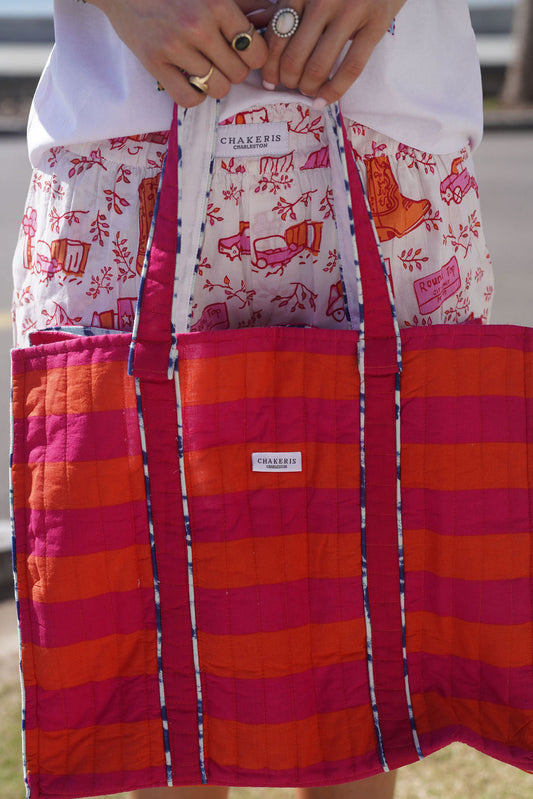 Pink and Orange Striped Tote Bag