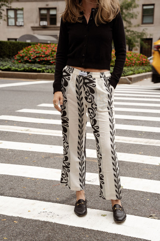 Beige Striped Pants with Black Embroidery