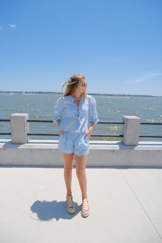Light Blue Linen Brooke Top