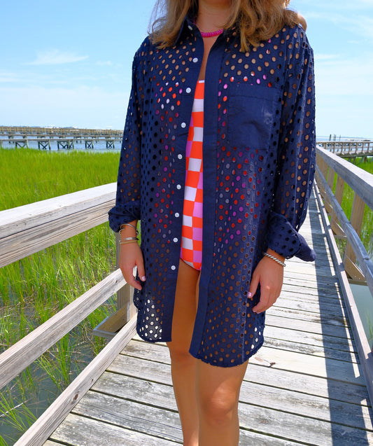 Navy Eyelet Boyfriend Dress