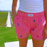 Hot Pink Beach Embroidered Shorts