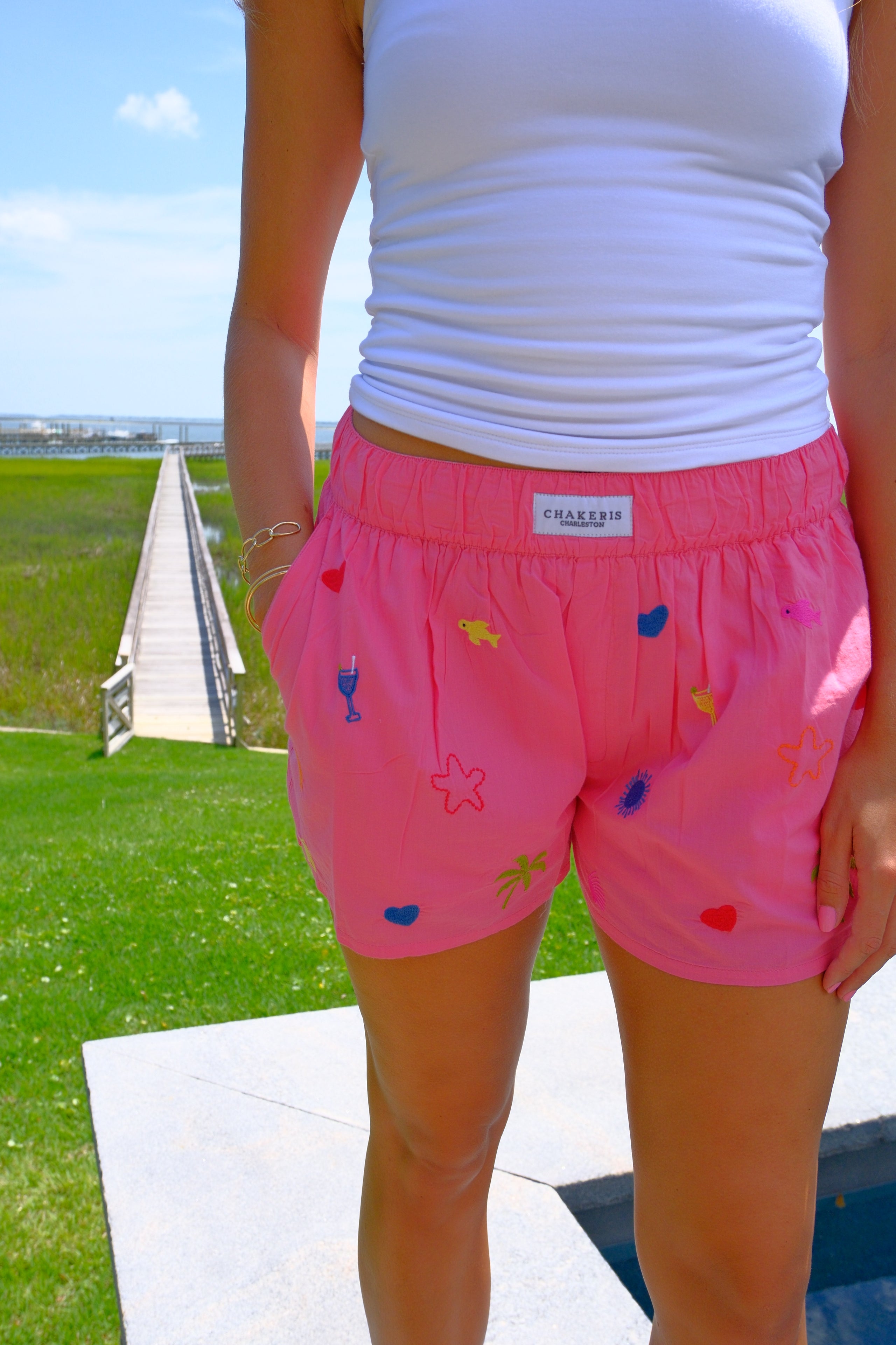Hot Pink Beach Embroidered Shorts