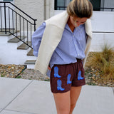 Brown Linen Boot Embroidered Shorts