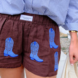 Brown Linen Boot Embroidered Shorts