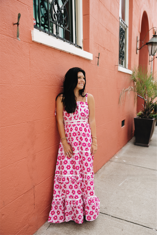 Ella Hot Pink Floral Block Print Maxi