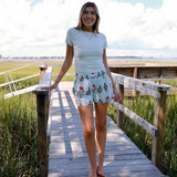Light Teal Striped Flower Garden Shorts