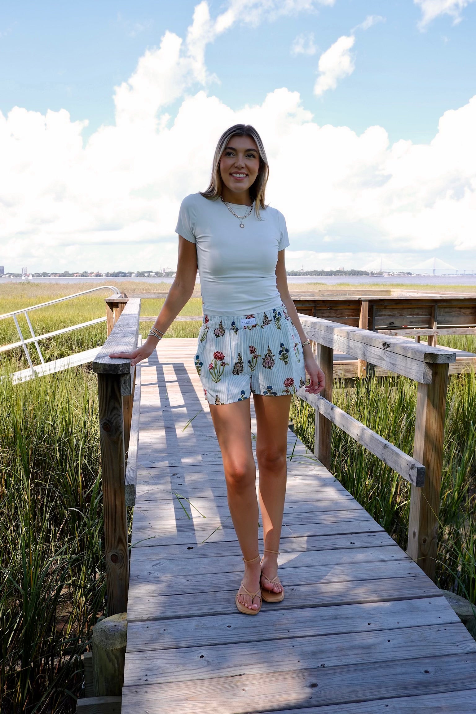 Light Teal Striped Flower Garden Shorts
