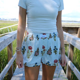 Light Teal Striped Flower Garden Shorts