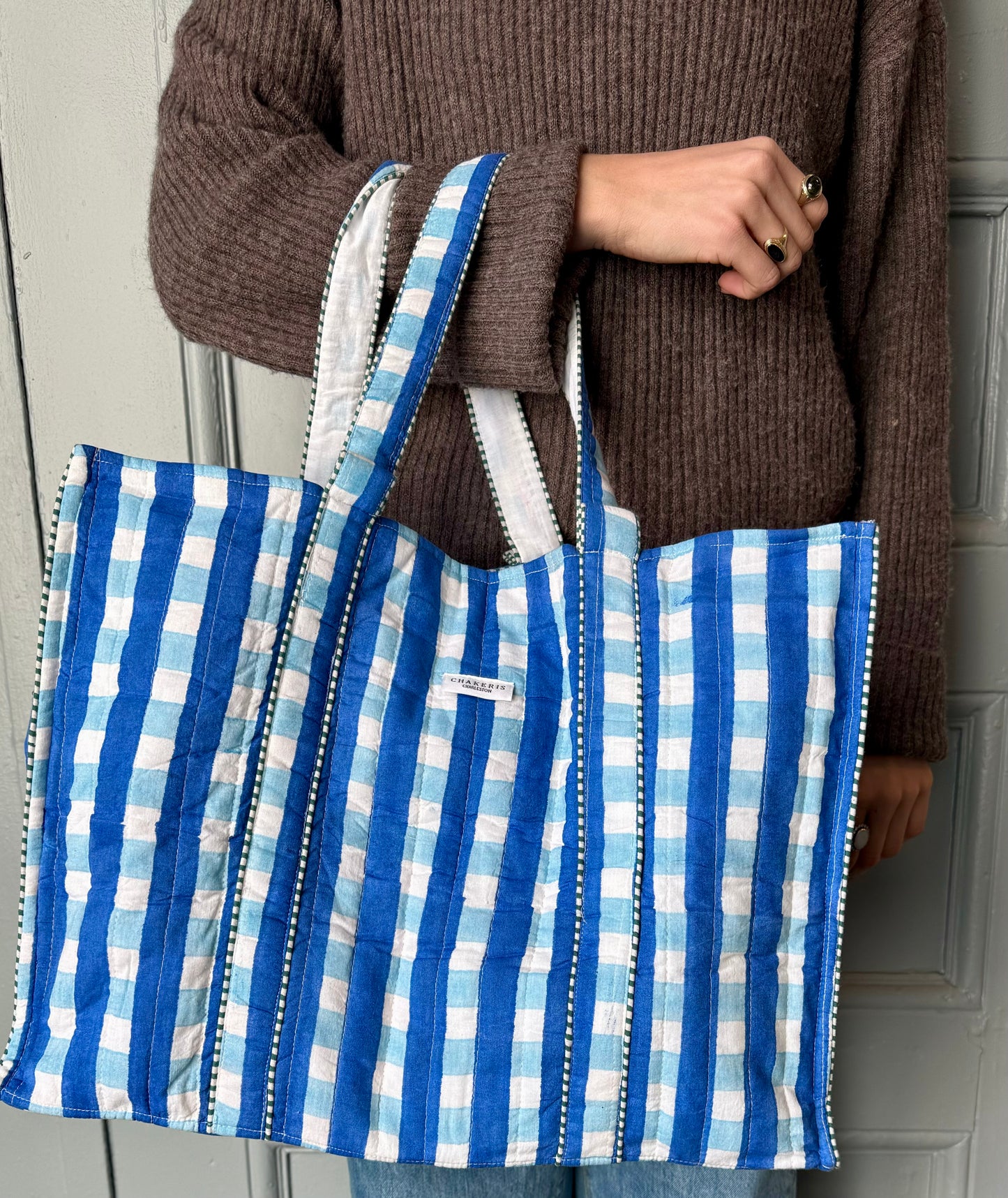 Royal and Sky Blue Checkered Tote Bag