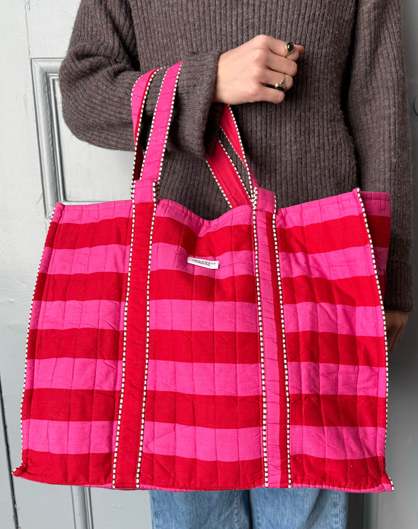 Hot Pink & Red Striped Tote