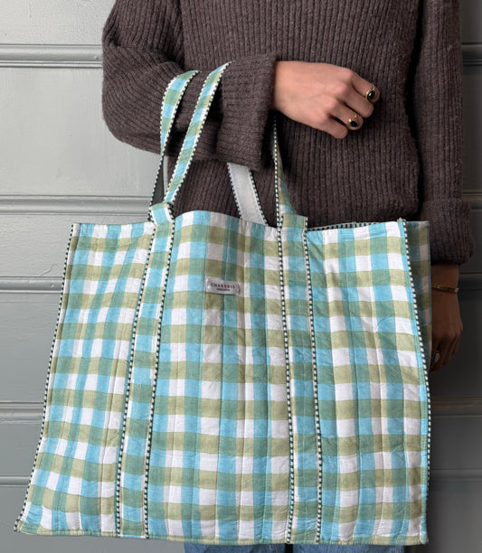 Blue & Green Checkered Tote Bag