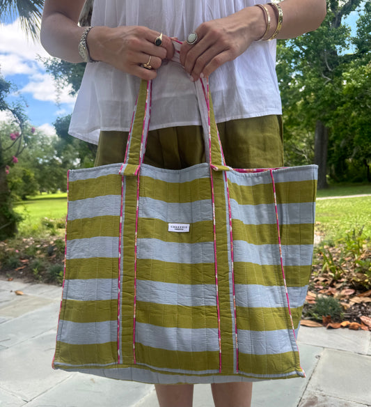 Olive & Light Blue Striped Tote Bag