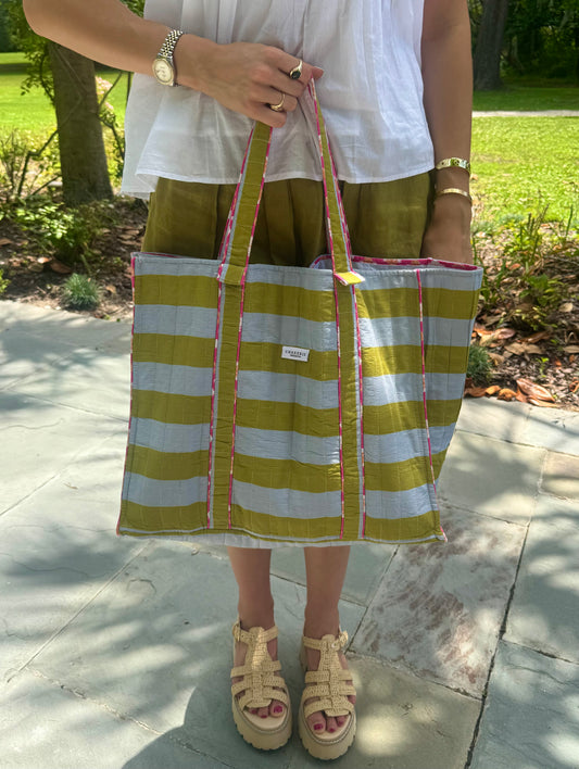 Olive & Light Blue Striped Tote Bag