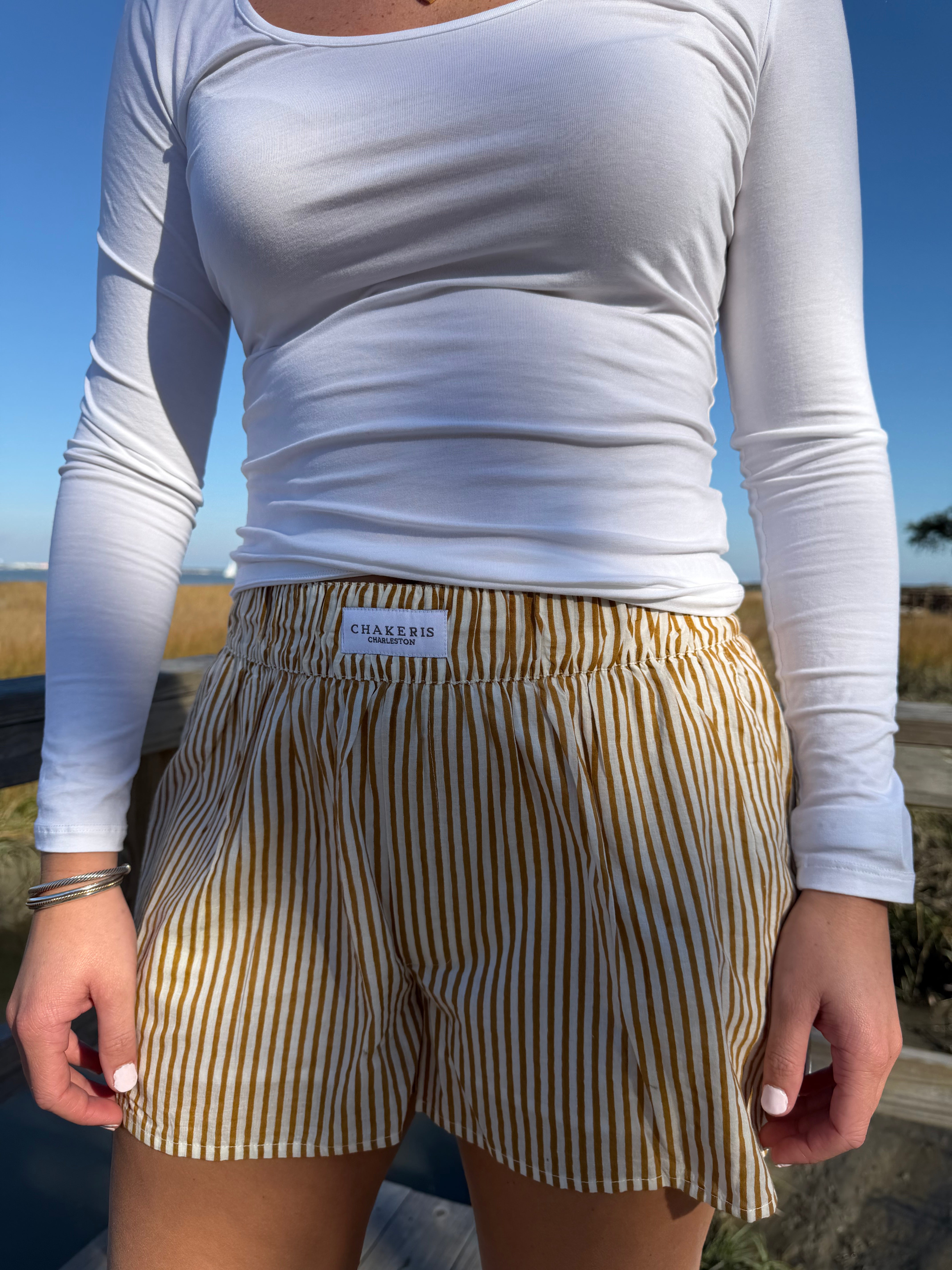 Light Brown and White Striped Shorts
