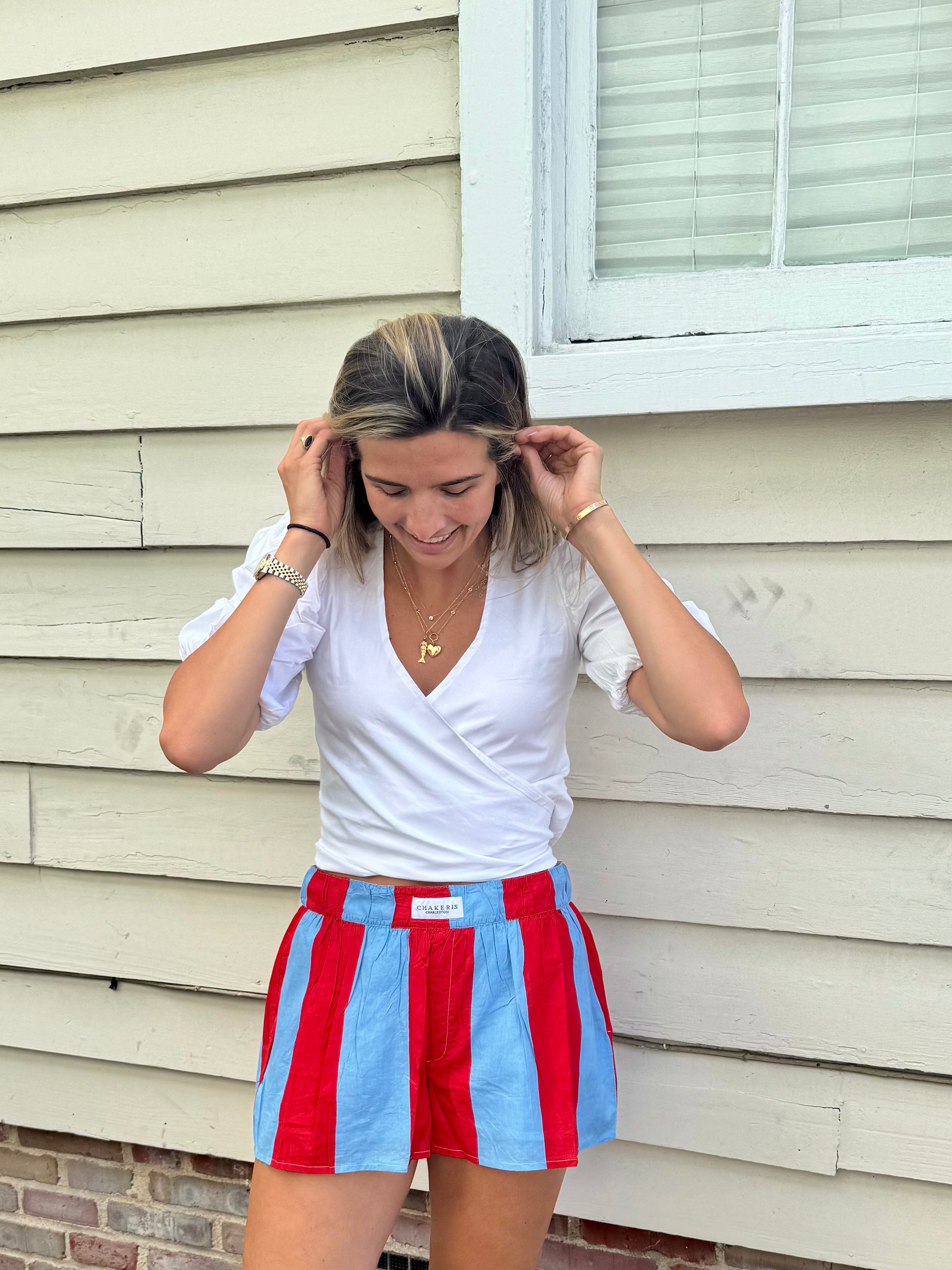 Red and Light Blue Striped Shorts