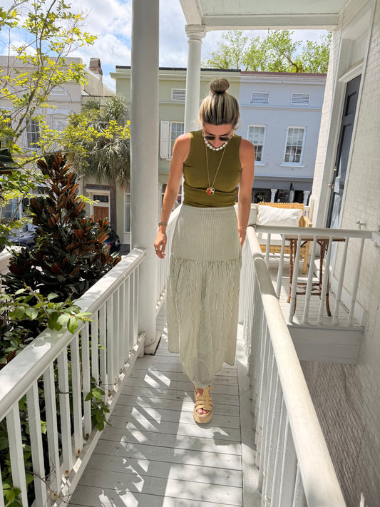 Green Pinstripe Beatrice Maxi Skirt