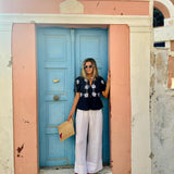 Navy With White Embroidery Brooke Top