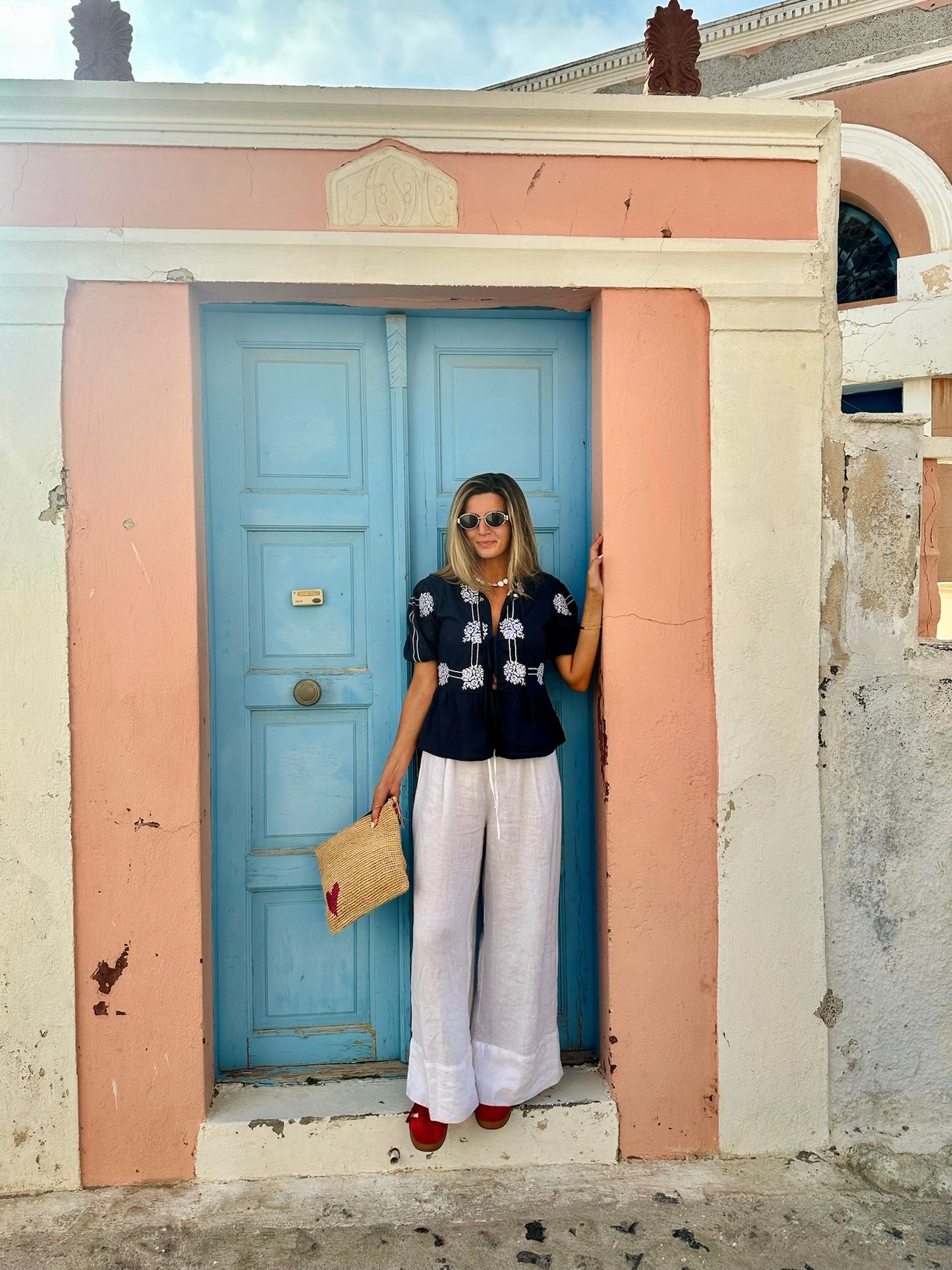 Navy With White Embroidery Brooke Top